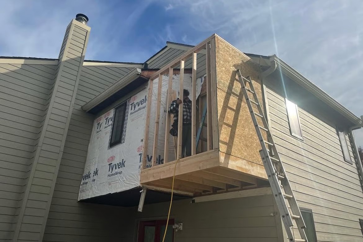 Bryn Mawr second-story addition before: framed walls with housewrap
